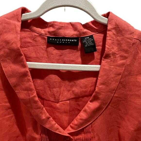 Fuchsia Coral Linen Shirt by Grace Elements, 20W‎ Pintuck Front Pleated Hem - Picture 2 of 13